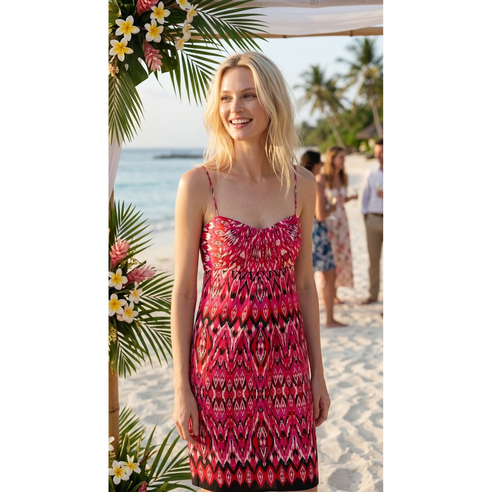 VTG Donna Morgan 100% Silk Pink Ikat dress 12P beach wedding guest cocktail